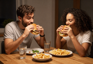 why you feel heavier at night - Couple eating a large takeaway meal in the evening at home