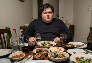 Person feeling uncomfortable after eating a meal at home
