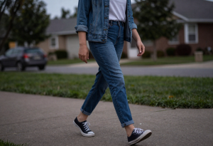 Person walking outside after dinner to aid digestion
