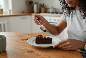 Person eating a small slice of chocolate cake with almonds to reduce sugar spikes