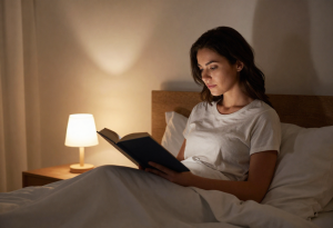 Woman relaxing before bed to improve sleep quality
