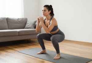 Woman doing a light home workout to boost energy