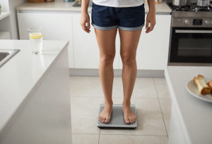 Adult tracking weight and checking metabolism in the morning while skipping breakfast.