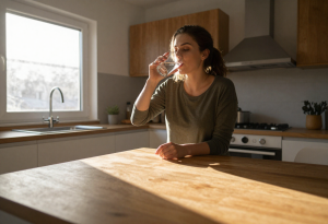 Tired But Can’t Fall Asleep - Person drinking water in the morning to wake up refreshed