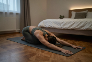 Person doing gentle bedtime stretches to fall asleep faster