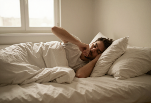 Person waking up tired despite sleeping through the night