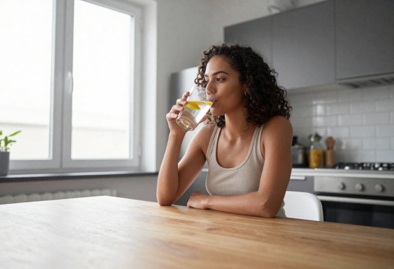 Adult at kitchen table drinking warm lemon water, skipping breakfast.