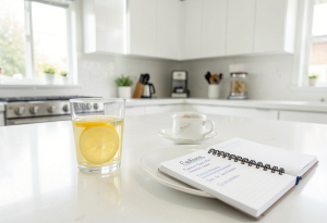 Morning routine with water, herbal tea, and an untouched breakfast plate, illustrating skipping breakfast FAQ tips.