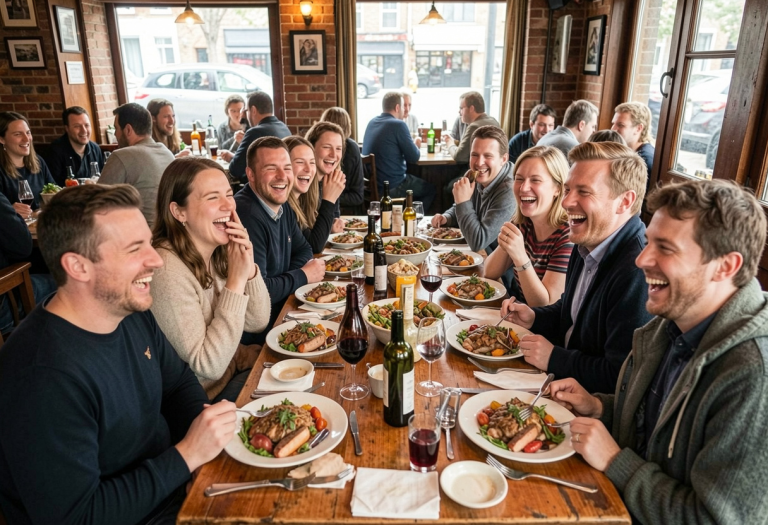 People around a dinner table looking full and sluggish after a big meal, illustrating post-meal bloating.