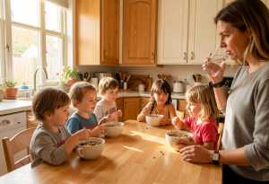 Adult skipping breakfast while children eat, illustrating who should not skip morning meals.