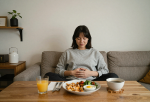 How to Reduce Bloating After a Big Meal - Person relaxed and comfortable after a meal, illustrating tips to reduce post-meal bloating.