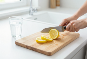 Person slicing lemon with a glass of water to aid digestion and reduce bloating after a large meal.