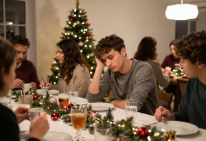 Person feeling tired at a holiday party