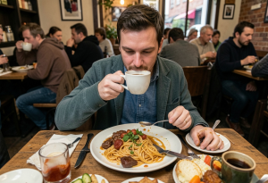 Person drinking coffee after finishing a large meal, illustrating a habit that can increase bloating.
