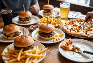 Large takeaway meal with burgers, fries, and drinks, illustrating overeating and post-meal bloating.