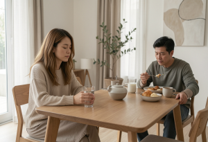 Woman practicing intermittent fasting, drinking water while husband eats breakfast.