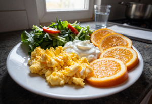always hungry after eating - Colorful breakfast or lunch plate with eggs, fruit, yogurt, and vegetables, illustrating gut health and appetite regulation