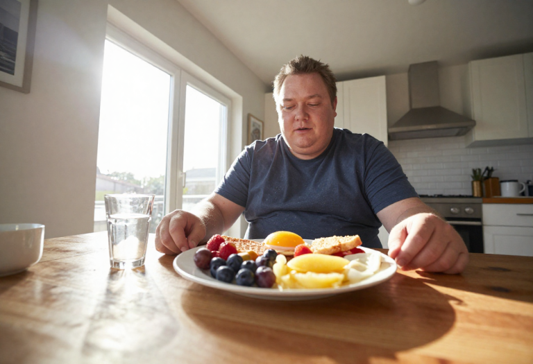 Person sitting at a breakfast table looking hungry or thoughtful, representing persistent hunger after meals