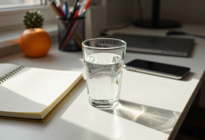 Glass of water on a desk, illustrating staying hydrated to reduce hunger signals