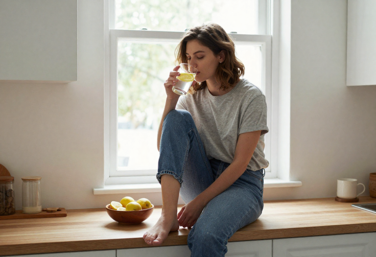 Attractive young woman drinking a glass of water near a window in a modern kitchen, sunlight streaming in, healthy morning routine for hydration
