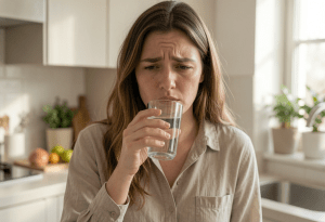 Woman in kitchen holding a glass of water and taking a small sip, showing early subtle signs of dehydration awareness.