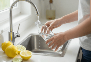Early Signs of Dehydration - Woman preparing infused water with fruit and water bottle showing healthy hydration habits.