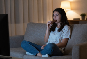 Person eating chocolate on the sofa while watching TV in the evening, showing stress and emotional eating habits