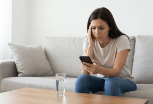 Woman sitting on couch distracted by phone with untouched glass of water, showing why thirst signals are often missed.
