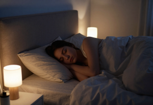 Person sleeping restlessly in bed at night after drinking alcohol