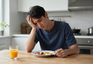 why alcohol makes you tired - Tired person looking unwell and low energy while preparing breakfast in the kitchen after drinking alcohol