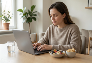 Person working at desk showing how gut health can affect energy and focus