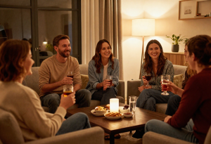 Group of friends in their 40s drinking socially, showing casual alcohol consumption