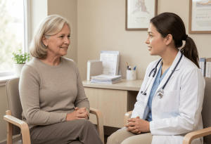 Woman discussing menopause symptoms with doctor for medical advice and support 