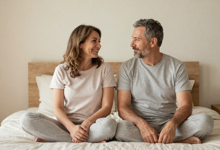 Middle-aged couple sharing a calm and affectionate moment in a bedroom setting representing intimacy and connection after menopause