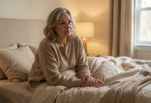 Foods to increase sex drive after menopause - Middle-aged woman sitting calmly in bedroom reflecting on hormonal changes and reduced sex drive after menopause