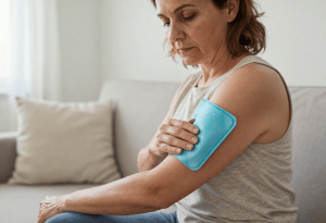 Woman using a cool compress to relieve menopause itching and skin irritation