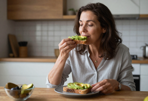 Foods to increase sex drive after menopause - Woman eating avocado on toast as part of a healthy diet to support hormone balance after menopause