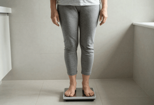 woman noticing weight changes on bathroom scales during menopause