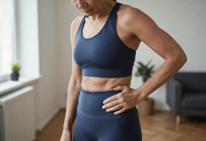 Woman experiencing menopause itching triggered by tight clothing and skin irritation