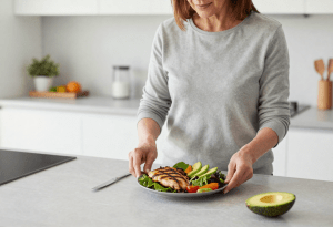 healthy meal preparation grilled chicken and salad for menopause diet