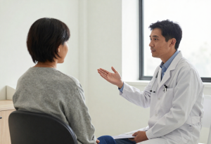signs your gut health is poor - Person discussing digestive symptoms with a doctor in a clinic setting while seeking advice for gut health concerns.