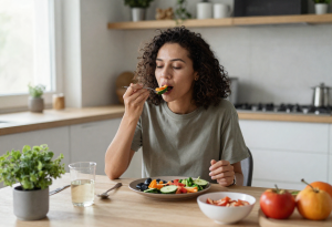 Person eating a healthy meal showing lifestyle factors that support gut health
