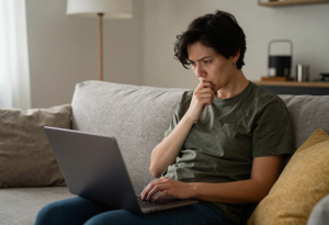 why alcohol makes you tired - Person reading health information on a laptop at home while thinking about alcohol and tiredness