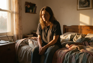 Person waking up in bed in the morning looking tired and unrefreshed after drinking alcohol the night before