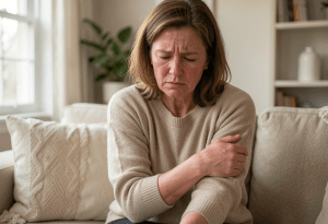 menopause itching - Middle-aged woman sitting on a couch lightly scratching her arm due to menopause itching with mild skin redness