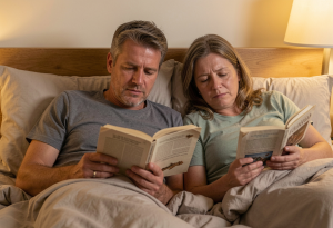 Couple in their 40s sitting on bed reading, showing reduced connection and energy after alcohol
