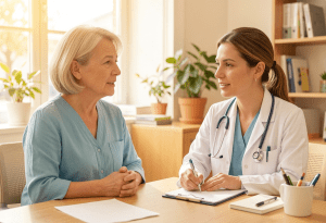 woman discussing menopause symptoms with doctor in a calm consultation