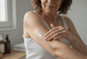 menopause itching - Middle-aged woman applying lotion to soothe dry and itchy menopause-related skin