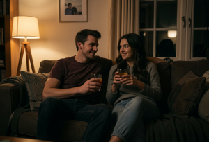 couple sitting on a couch in the evening holding a drink, appearing relaxed but slightly tired in a warm home setting