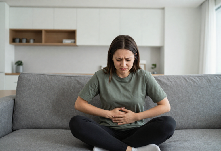 Person holding stomach showing signs of digestive discomfort and poor gut health